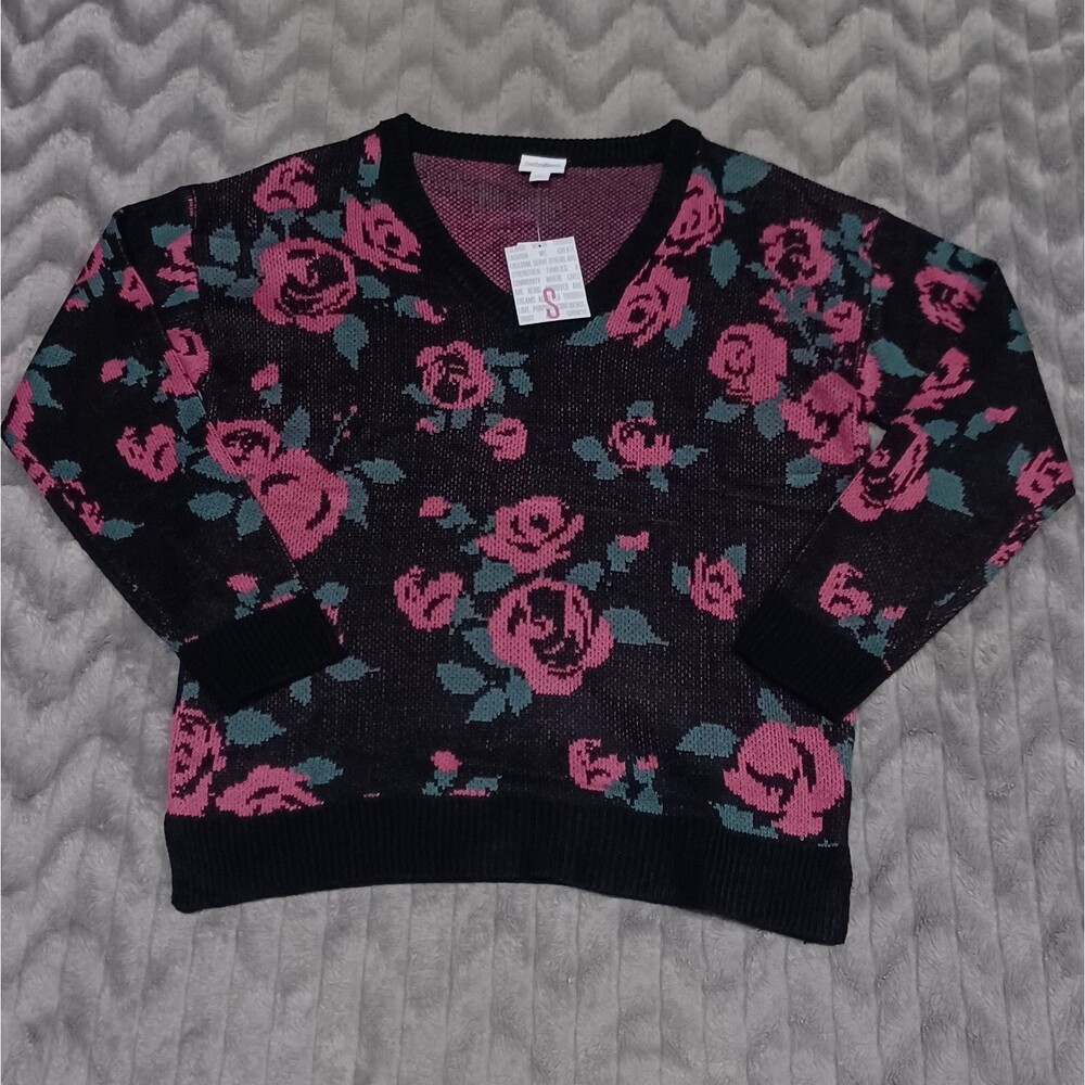 Lularoe Womens Size S Black Floral Rose V Neck Sweater NWT